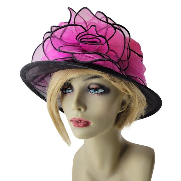 Pink and Black Ruffles Organza Packable Adjustable Dress Hat - Picture 4 of 16